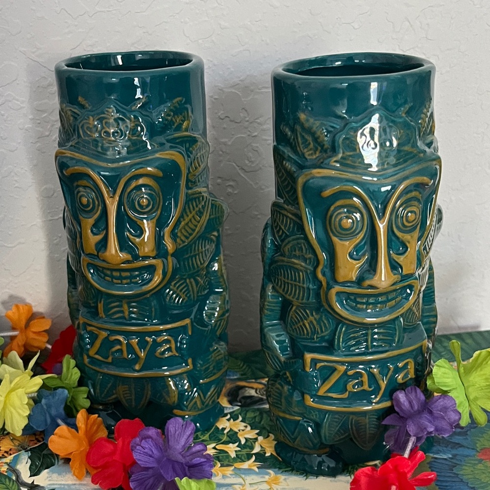 Zaya Rare Tiki Mugs Set Teal Green NWOT Limited Edition Las Vegas 7.5 Tall